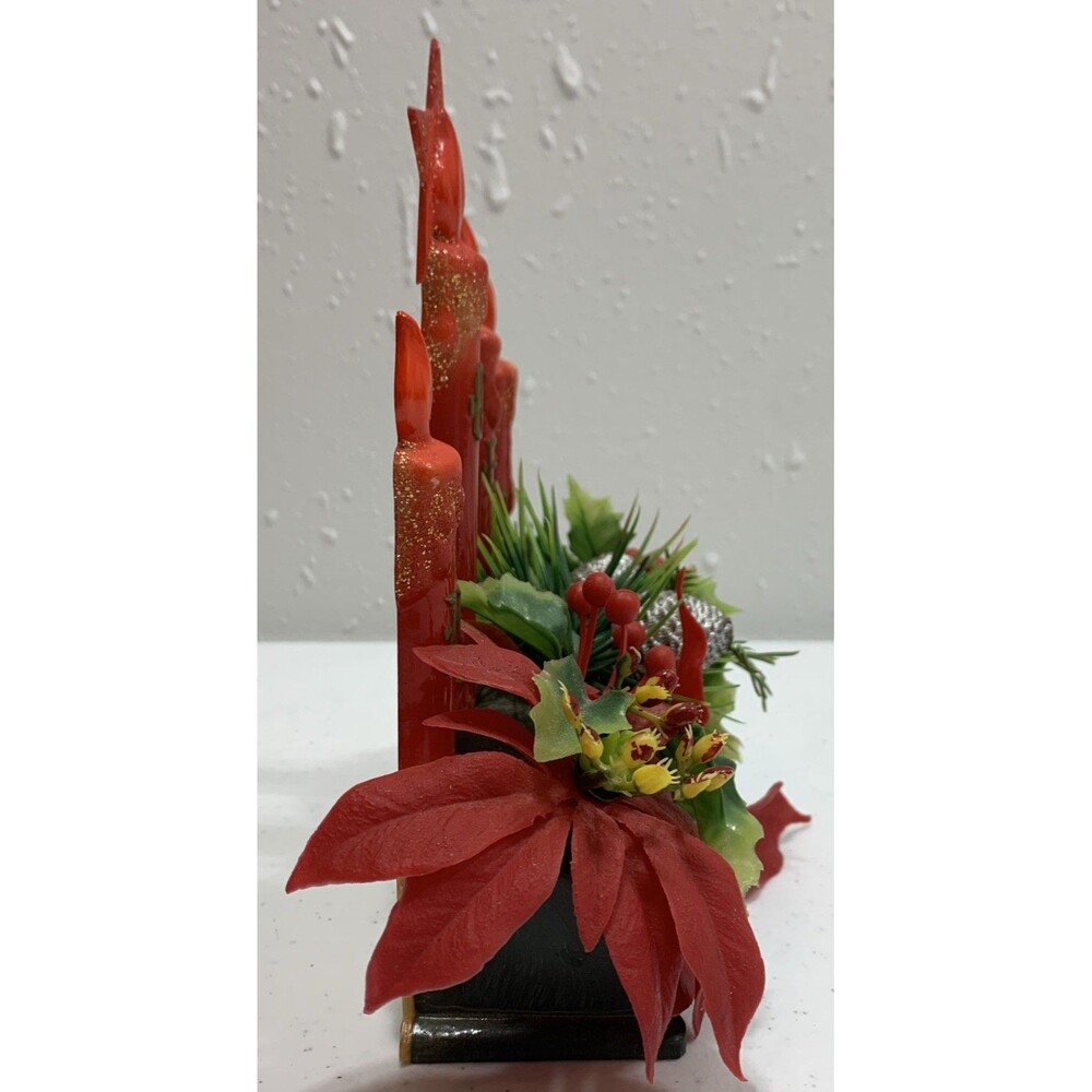 Vintage Plastic Xmas Centerpiece Glittered Drip Candles Poinsettia Greenery - Picture 2 of 7